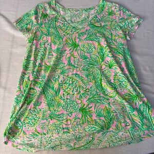 Lilly Pulitzer Letta V-Neck Pink Cotton Top M | Tropical Resort Preppy